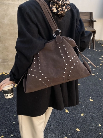 Women Large Capacity Tote Bag Fashion Rivet Decoration Suede Feel Synthetic Leather Shoulder Bag Vintage Commuting Bag