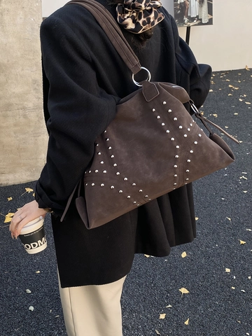 Women Large Capacity Tote Bag Fashion Rivet Decoration Suede Feel Synthetic Leather Shoulder Bag Vintage Commuting Bag