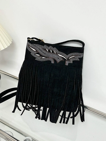 Bolso de Hombro Vintage Bohemio con Flecos para Mujer en Cuero Sintético Efecto Ante Bordado de Alas Borla Bolso Bandolera Estilo Étnico