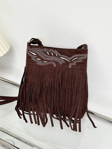 Bolso de Hombro Vintage Bohemio con Flecos para Mujer en Cuero Sintético Efecto Ante Bordado de Alas Borla Bolso Bandolera Estilo Étnico