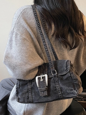 Vintage Washed Denim Achsel Umhängetasche Für Damen Hohe Qualität Nischen-Design Retro Blau Schwarz Metallschnalle Tasche