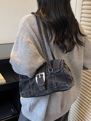 Vintage Washed Denim Achsel Umhängetasche Für Damen Hohe Qualität Nischen-Design Retro Blau Schwarz Metallschnalle Tasche