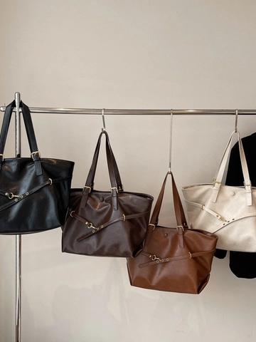 Vintage Kunstleder Tote Bag Für Damen Große Kapazität Schultertasche Lässig Pendeln Unterarmtasche Mit Zierriemen