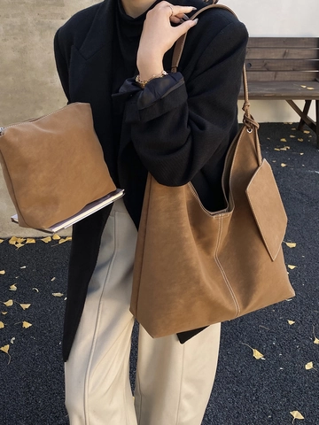 Grand Sac Fourre-tout pour Femme Vintage en Cuir PU Daim avec Coutures Contrastées Sac à Bandoulière Casual avec Pochette