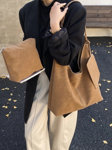 Grand Sac Fourre-tout pour Femme Vintage en Cuir PU Daim avec Coutures Contrastées Sac à Bandoulière Casual avec Pochette