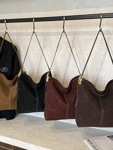 Vintage Hobo Tasche Aus Mattem Wildleder Für Damen Große Kapazität Schultertasche Kontrastnähte Minimalistische Retro Beuteltasche