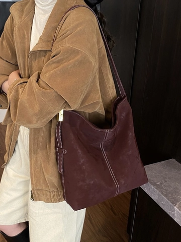 Vintage Hobo Tasche Aus Mattem Wildleder Für Damen Große Kapazität Schultertasche Kontrastnähte Minimalistische Retro Beuteltasche