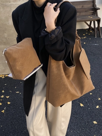 Grand Sac Fourre-tout en Cuir PU pour Femme Sac à Épaule Hobo Vintage Avec Pochette Intérieure Surpiqûres Contrastées