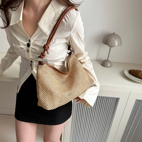 Dames Casual Zomer Strovlechtwerk Schoudertas Mode Strand Reizen Hobo Tas Met Synthetisch Leren Riem Ritssluiting Tote