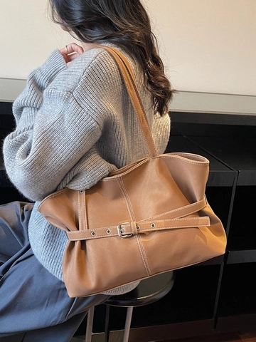Damen Retro Große Kapazität Tragetasche Minimalistische PU Leder Schultertasche Mit Gürtelschnalle Dekor Kontrastnähte Tasche