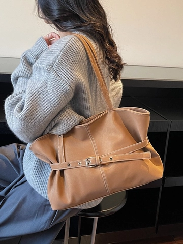 Damen Retro Große Kapazität Tragetasche Minimalistische PU Leder Schultertasche Mit Gürtelschnalle Dekor Kontrastnähte Tasche