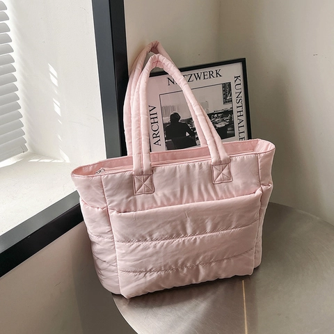 Women Large Capacity Quilted Puffer Tote Bag Lightweight Nylon Padded Shoulder Bag Solid Color Commuter Handbag For Ladies