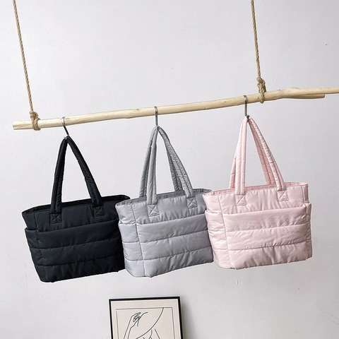 Women Large Capacity Quilted Puffer Tote Bag Lightweight Nylon Padded Shoulder Bag Solid Color Commuter Handbag For Ladies