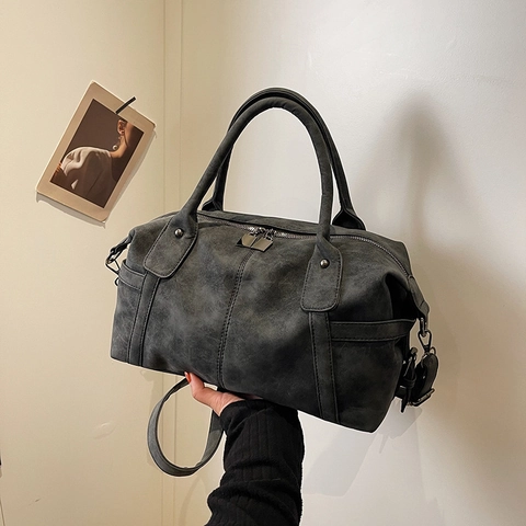 Damen Vintage Matt PU Leder Boston Tasche Große Kapazität Doppelgriff Abnehmbarer Riemen Retro Pendler Umhängetasche Handtasche