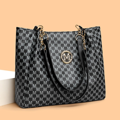 Women Tote Shoulder Bag PU Leather Large Capacity M Monogram Print Retro Fashion Commute Handbag With Metal Chain
