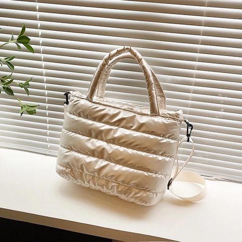 Shiny Quilted Puffer Tote Bag For Women Nylon Padded Crossbody Shoulder Bag Large Capacity Casual Winter Top Handle Bag