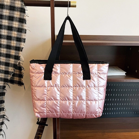 Bolso Tote Acolchado Puffer para Mujer Nylon Gran Capacidad Bolso de Hombro de Rombos Color Sólido Bolso de Mano Ligero