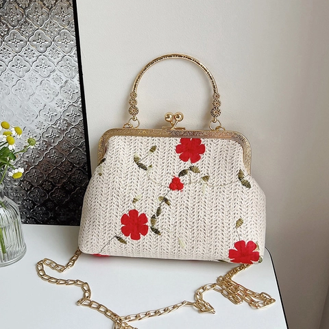 Vintage Straw Woven Evening Bag For Women Floral Embroidery Kiss Lock Handbag With Metal Chain Strap Wedding Party Bag
