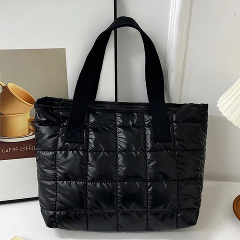 Bolso Tote Acolchado Puffer para Mujer Nylon Gran Capacidad Bolso de Hombro de Rombos Color Sólido Bolso de Mano Ligero