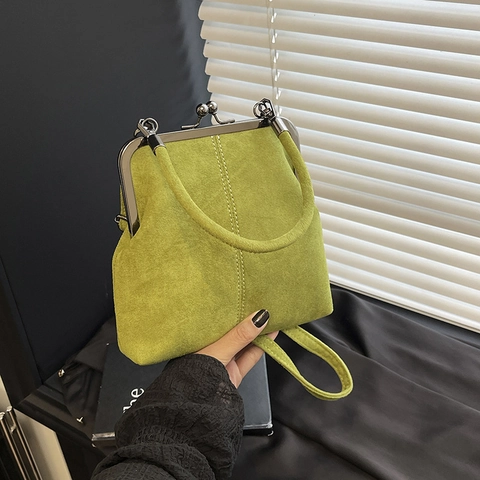 Vintage Kiss Lock Shell Shoulder Bag Retro Color Block Crossbody Handbag Suede PU Leather Commuting Fashion Bag For Women