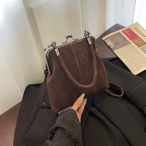 Vintage Kiss Lock Shell Shoulder Bag Retro Color Block Crossbody Handbag Suede PU Leather Commuting Fashion Bag For Women