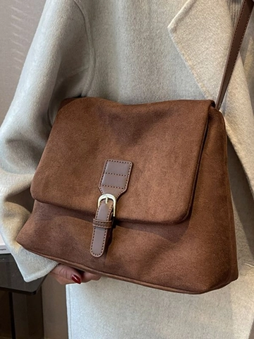 Vintage Faux Suede Square Crossbody Bag For Women Urban Minimalist PU Leather Messenger Bag With Metal Buckle Shoulder Bag