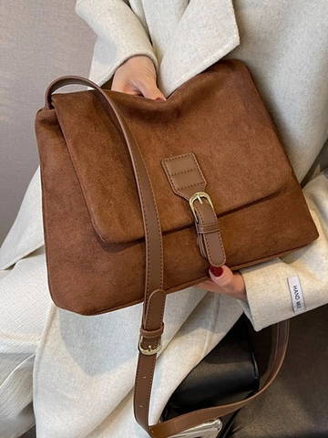 Vintage Faux Suede Square Crossbody Bag For Women Urban Minimalist PU Leather Messenger Bag With Metal Buckle Shoulder Bag