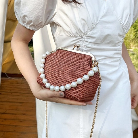 Vintage Mini Υφαντή Τσάντα Χιαστί Κοχύλι Για Γυναίκες Με Μεγάλη Μαργαριταρένια Λαβή Retro PU Υφασμάτινη Τσάντα