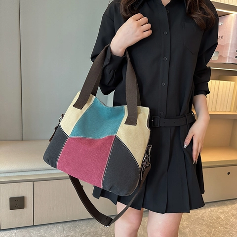 Damen Große Kapazität Segeltuch Farbblock Tote Bag Retro Nähte Patchwork Schultertasche Für Tägliche Reise Lässig Messenger