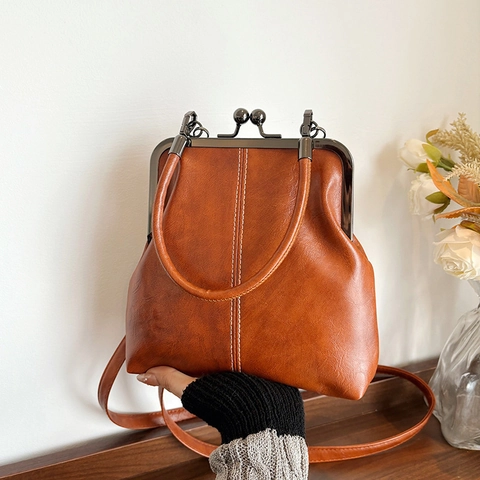 Borsa Da Dottore Retrò Donna Chiusura A Scatto Pelle PU Borsa A Tracolla Borsa A Mano Telaio Metallo Forma Conchiglia Vintage