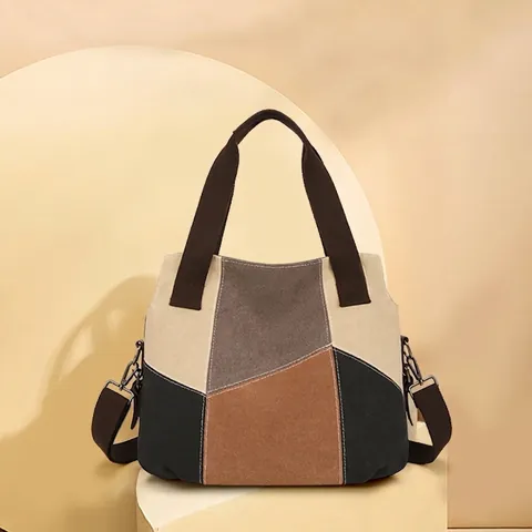 Damen Große Kapazität Segeltuch Farbblock Tote Bag Retro Nähte Patchwork Schultertasche Für Tägliche Reise Lässig Messenger