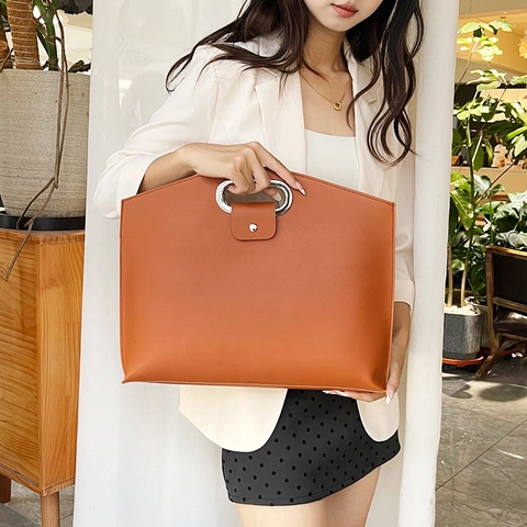 Women Minimalist PU Leather Laptop Handbag Large Capacity Business Briefcase With Metal Handle Office Commute Tote Bag
