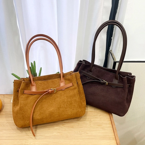 Women's Large Capacity Faux Suede Tote Bag Vintage Solid Color Commuter Shoulder Bag With Metal Buckle Versatile Office Leisure Handbag