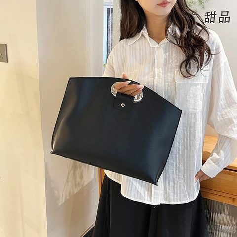 Women Minimalist PU Leather Laptop Handbag Large Capacity Business Briefcase With Metal Handle Office Commute Tote Bag