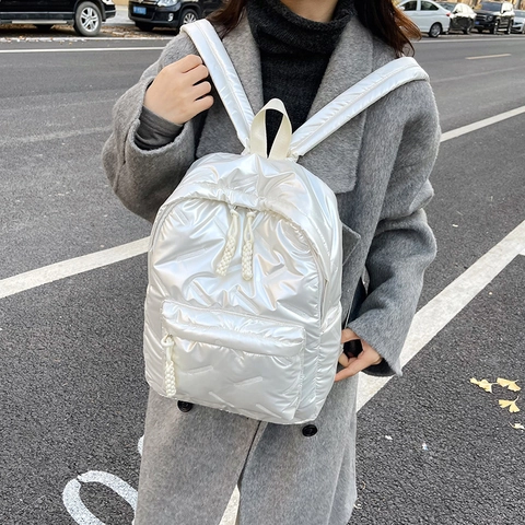Koreanischer Mode Gesteppter Puffer Rucksack Damen Große Kapazität Metallischer Glanz Student Schultasche Casual Daypack