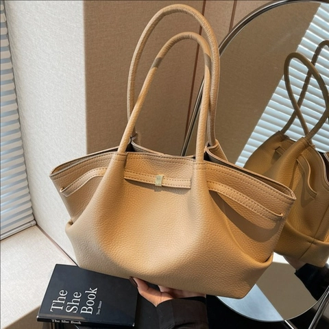 Large Capacity Litchi Grain PU Leather Tote Bag For Women Minimalist Vintage Pleated Handbag With Metal Buckle Shoulder Bag For Daily Use