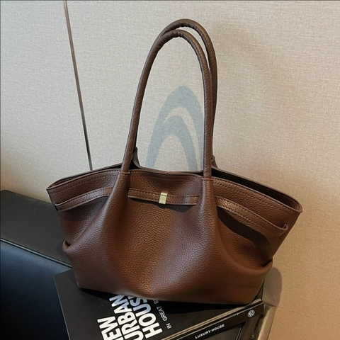 Large Capacity Litchi Grain PU Leather Tote Bag For Women Minimalist Vintage Pleated Handbag With Metal Buckle Shoulder Bag For Daily Use