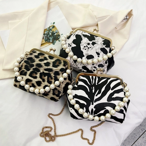 Borsa a Tracolla a Conchiglia con Stampa Animale Vintage con Manico di Künstliche Perle Catena Oro Leopardo Mucca Zebra Borsa a Mano Donna