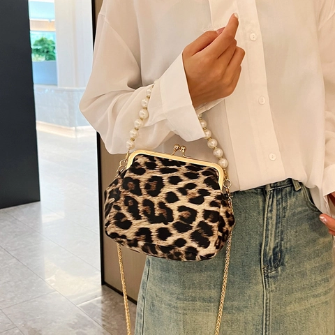 Borsa a Tracolla a Conchiglia con Stampa Animale Vintage con Manico di Künstliche Perle Catena Oro Leopardo Mucca Zebra Borsa a Mano Donna