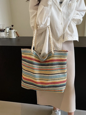 Women's Colorful Striped Woven Tote Bag Large Capacity Casual Vacation Shoulder Bag With Cotton Rope Handles