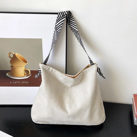 Borsa Tote in Velluto a Coste di Grande Capacità da Donna Borsa a Tracolla Hobo Minimalista con Tracolla a Righe Geometriche