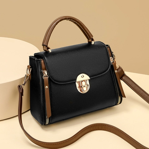 Women Trendy Lock Buckle Crossbody Bag PU Leather Litchi Texture Large Capacity Handbag Casual Commuting Shoulder Bag