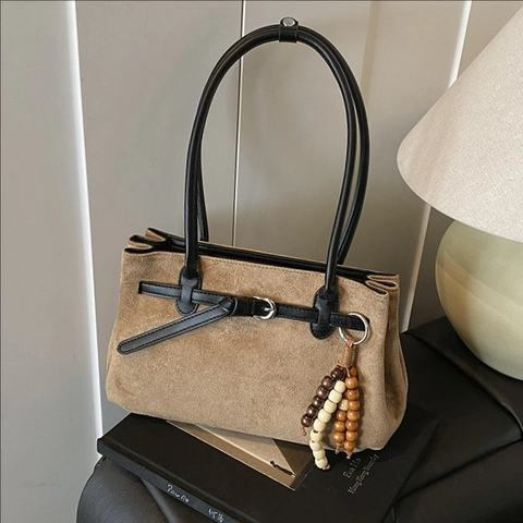 Bolso Tote de Gamuza Vintage para Mujer Gran Capacidad Bolso de Hombro Con Cuentas de Madera Estética Retro Simple Bolso de Mano