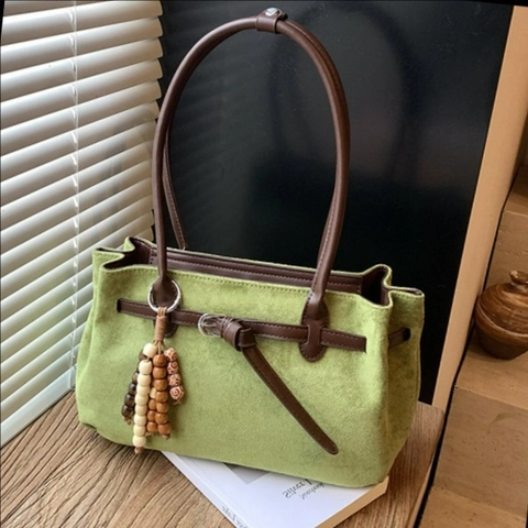 Bolso Tote de Gamuza Vintage para Mujer Gran Capacidad Bolso de Hombro Con Cuentas de Madera Estética Retro Simple Bolso de Mano