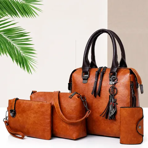 Women Retro PU Leather Handbag Tote Bag Four Piece Set Casual Shoulder Crossbody Bag With Tassel Cat Pendant Fashion Purse