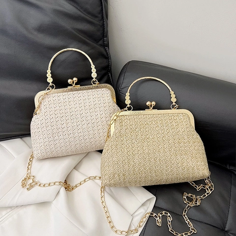 Vintage Woven Straw Shell Handbag For Women Retro Metal Kiss Lock Clutch With Chain Strap Elegant Party Evening Bag