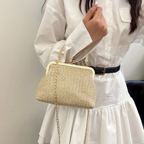 Vintage Woven Straw Shell Handbag For Women Retro Metal Kiss Lock Clutch With Chain Strap Elegant Party Evening Bag