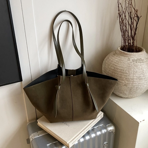 Dames Retro Suède Mat Grote Capaciteit Tote Tas Minimalistische Schoudertas Emmer Handtas Casual Kantoor Commuter Tas