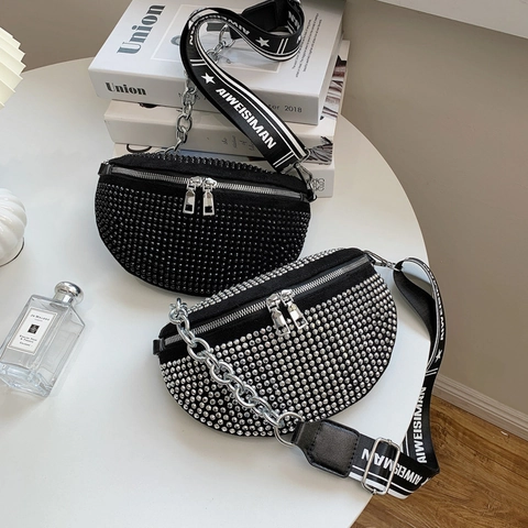 Fashion Women Rhinestone Chest Bag Sparkling Inlaid Diamond Waist Bag Crossbody Bag With Metal Chain And Letter Strap Moon Bag