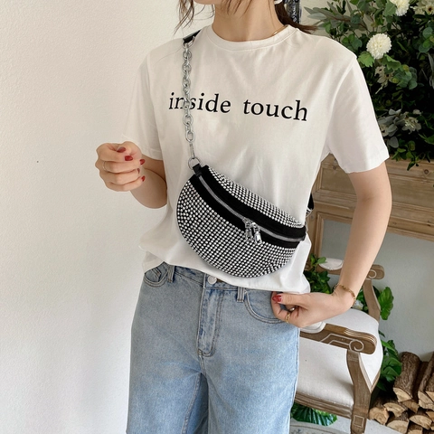 Fashion Women Rhinestone Chest Bag Sparkling Inlaid Diamond Waist Bag Crossbody Bag With Metal Chain And Letter Strap Moon Bag